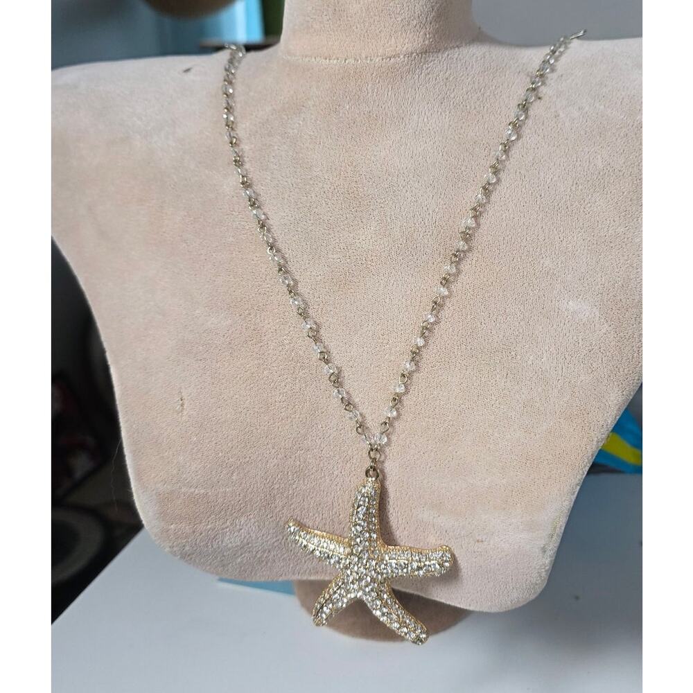 Starfish Necklace Gold Tone Rhinestone Pendant Coastal Grandma Beach Ocean